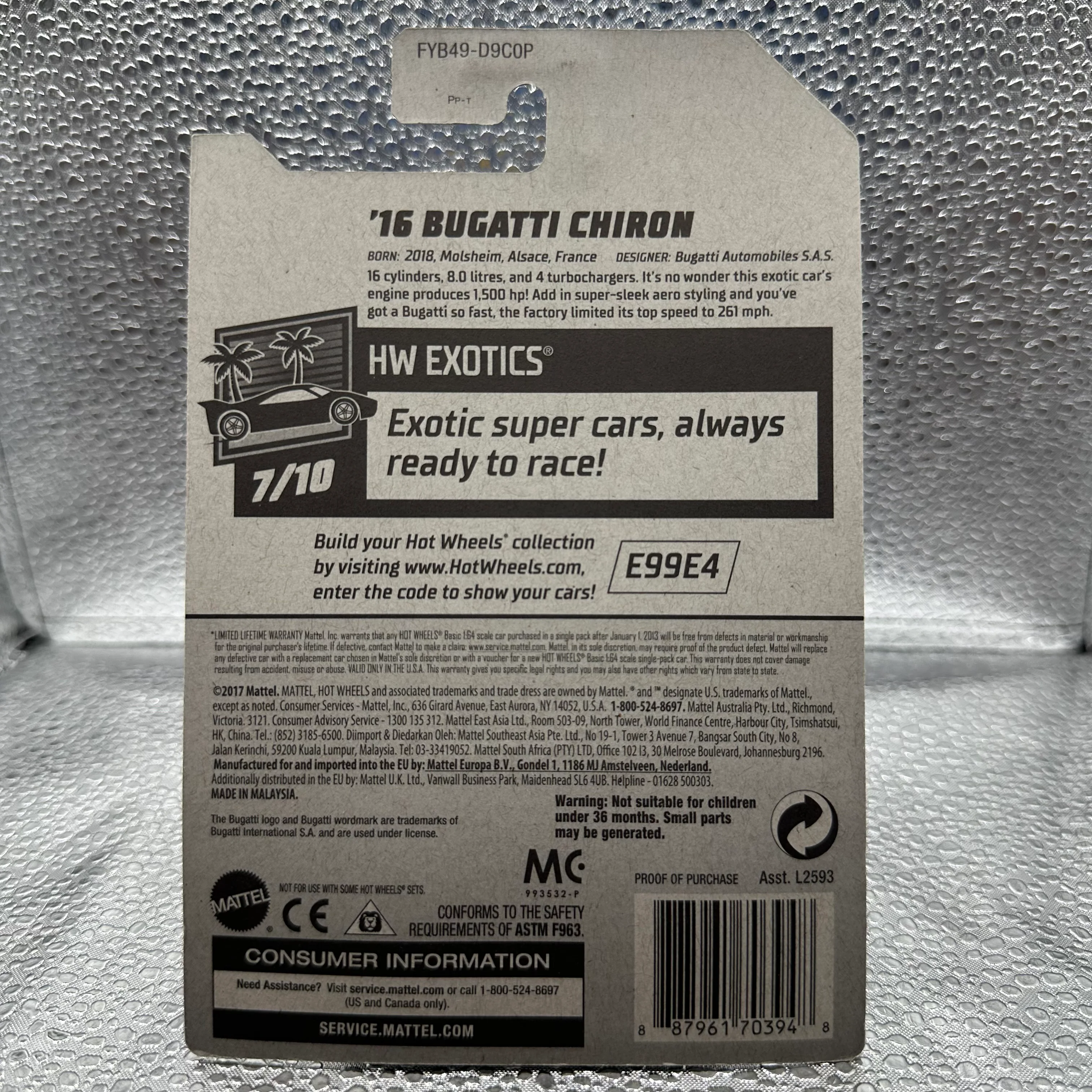 ‘16 Bugatti Chiron HW Exotics 7/10 Hotwheels Mainline 236/250 ( US Card ) - Image 2