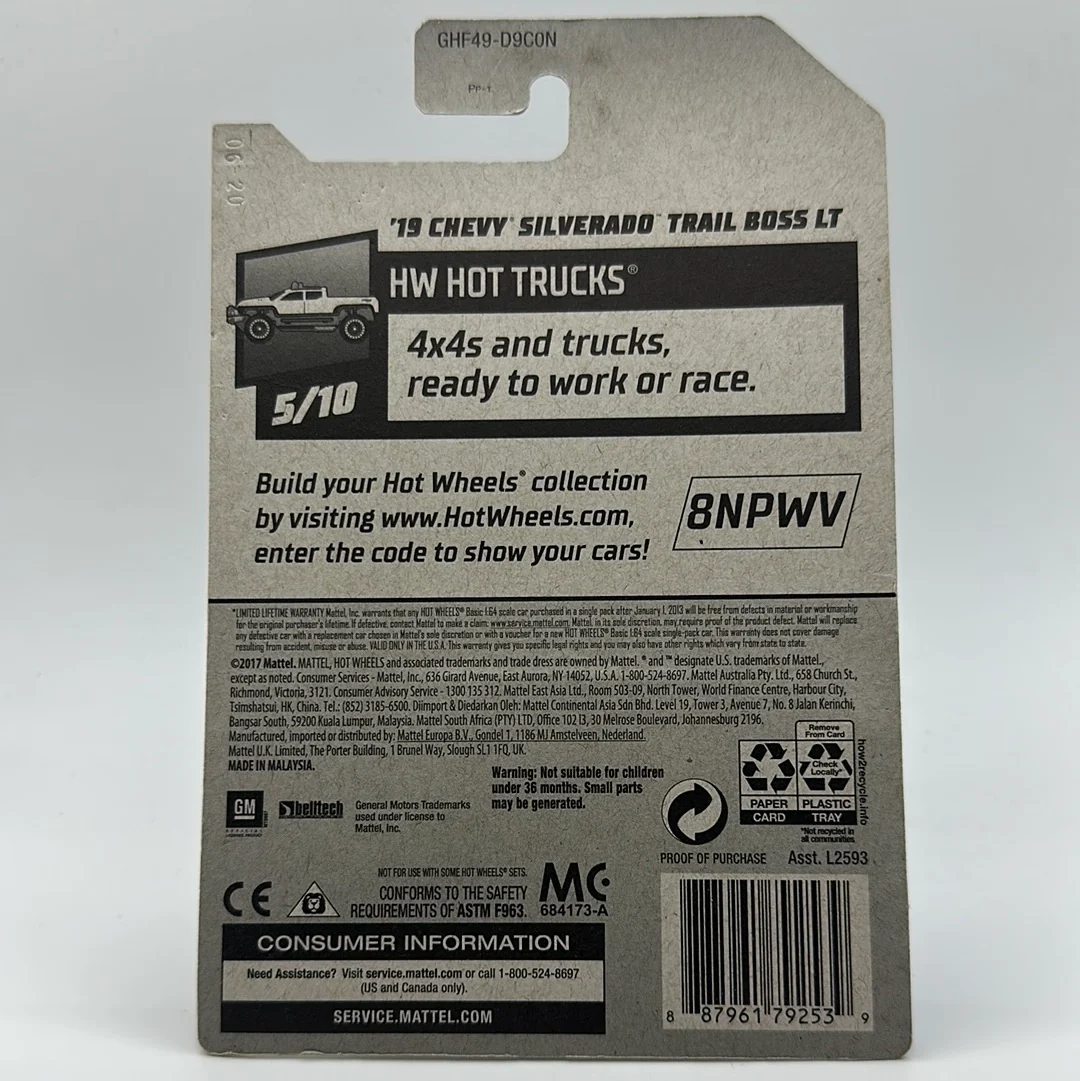 ‘19 Chevy Silverado Trail Boss LT - HW Hot Trucks 5/10 Hotwheels Mainline 151/250 - Image 2