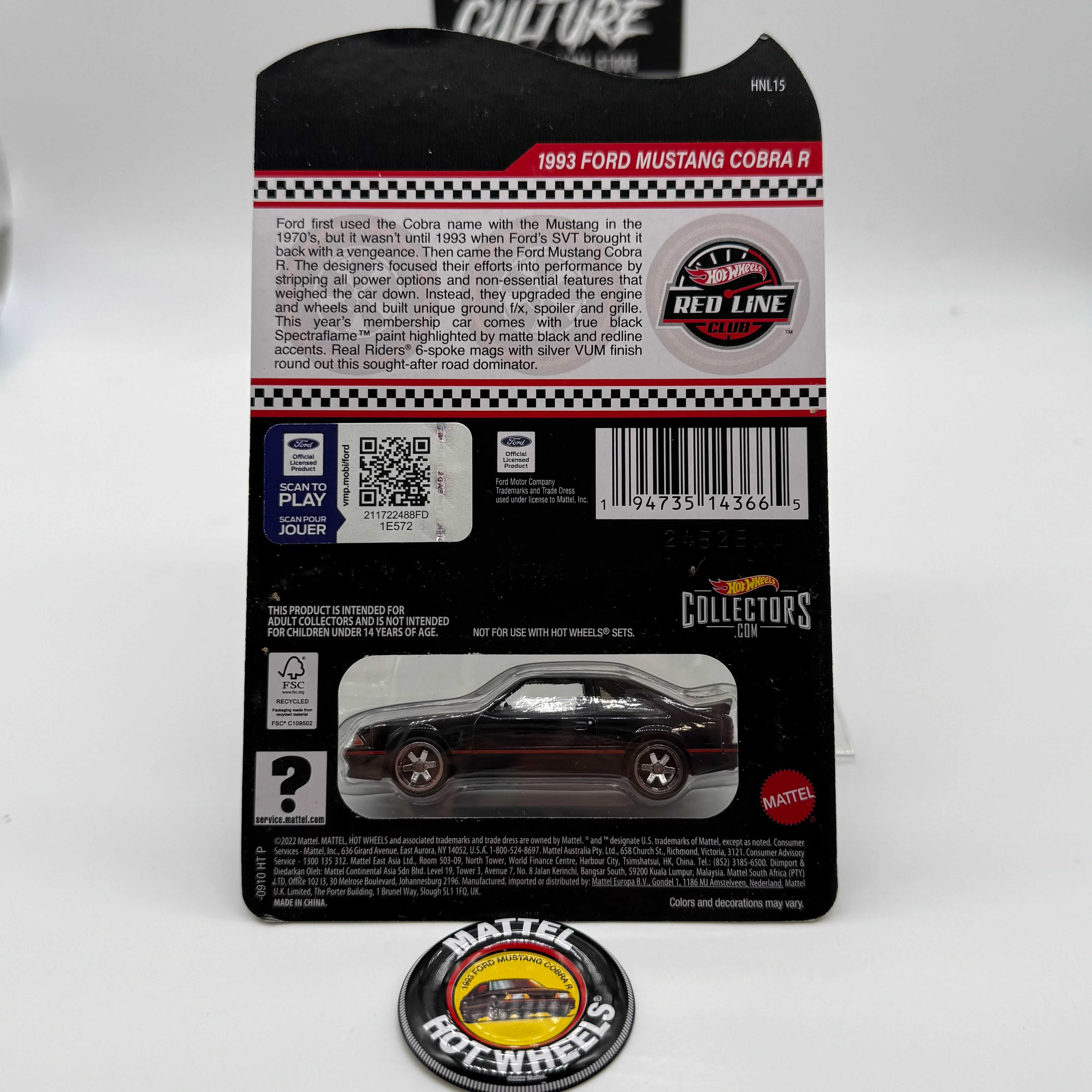 1993 Ford Mustang Cobra R - Club Exclusive Hotwheels RLC Red Line Club *w/pin* - Image 2