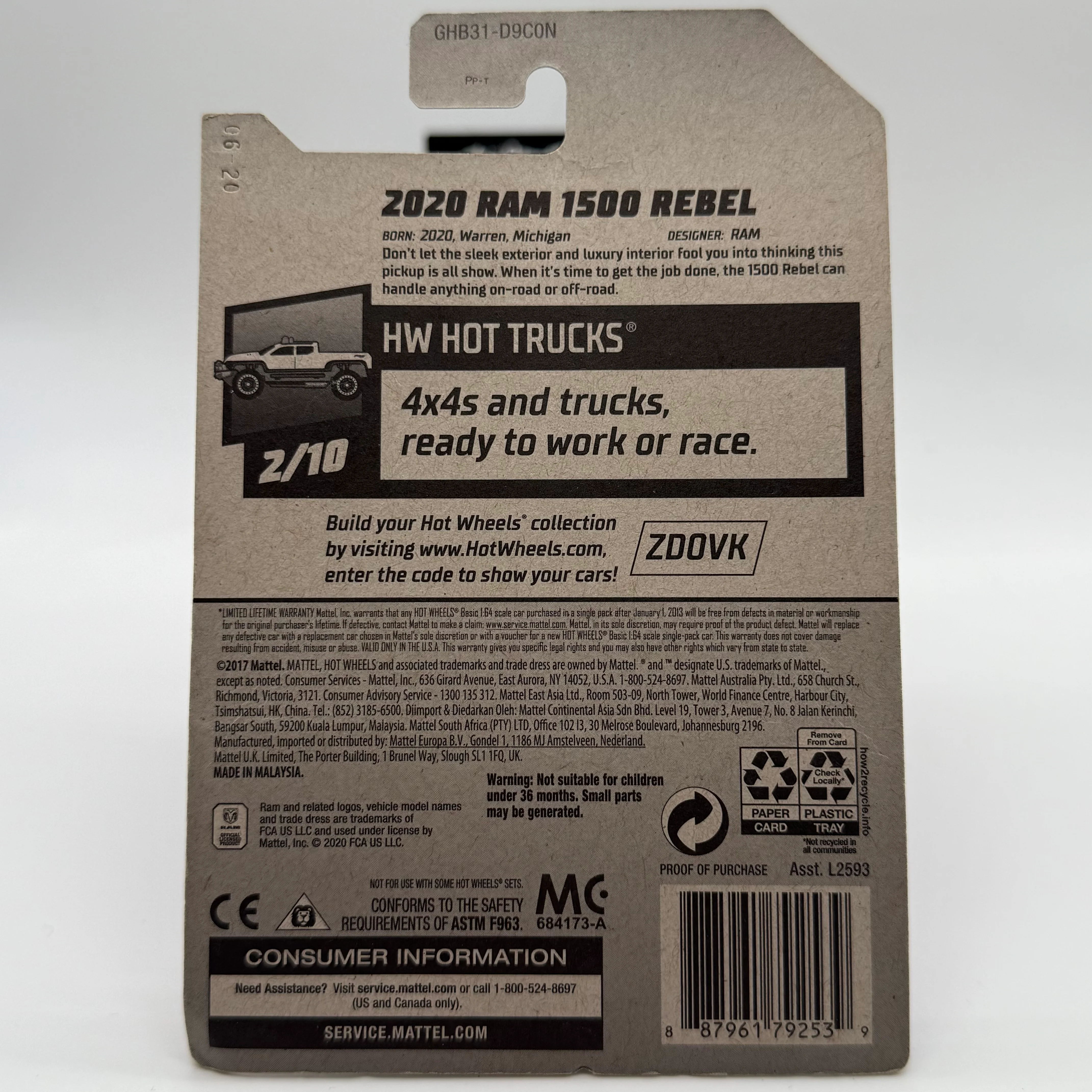 2020 RAM 1500 Rebel - HW Hot Trucks 2/10 Hotwheels Mainline 225/250 - Image 2