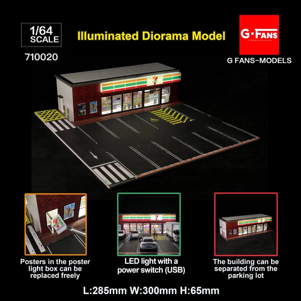 7-11 (7-ELEVEN) W/Parking Lot Diorama Display with LED Lights G-FANS 1:64 - Image 2