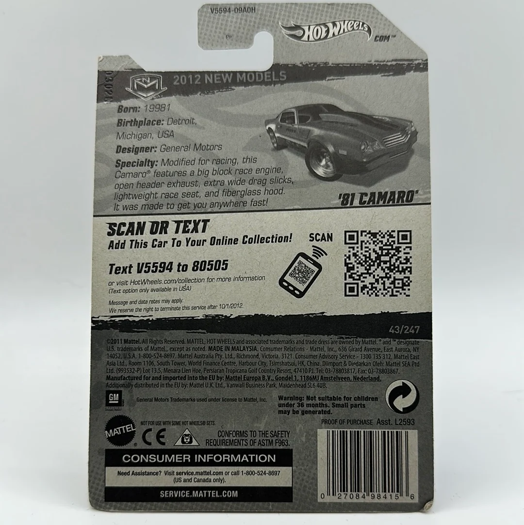 ‘81 Camaro - 2012 New Models 43/50 Hotwheels Mainline 43/247 - Image 2