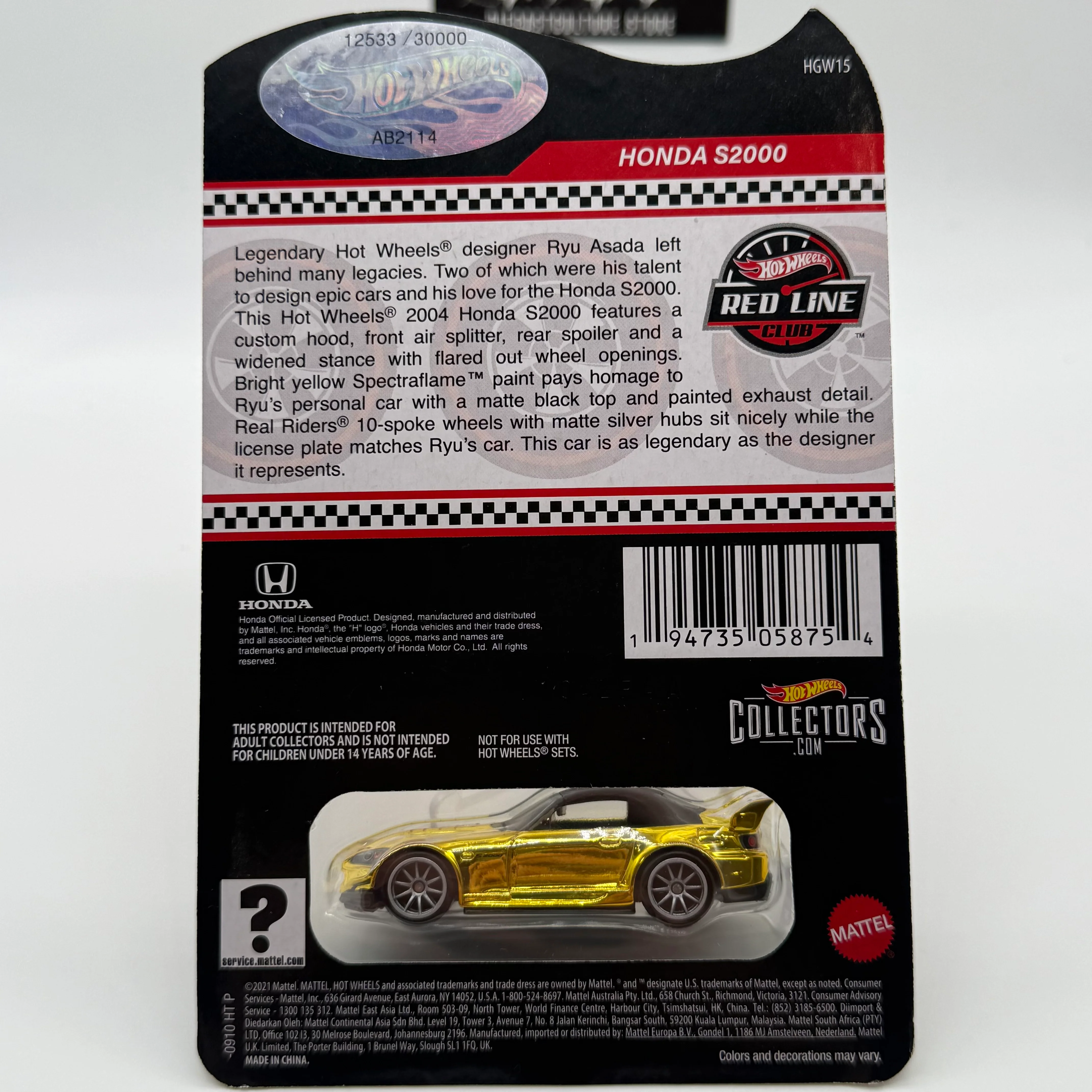 Honda S2000 #12533/30000 Gold RLC Red Line Club Hotwheels - Image 2