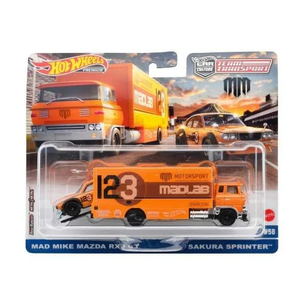 Hotwheels Premium Team Transport #58 - Mad Mike Mazda RX-3 / Sakura Sprinter