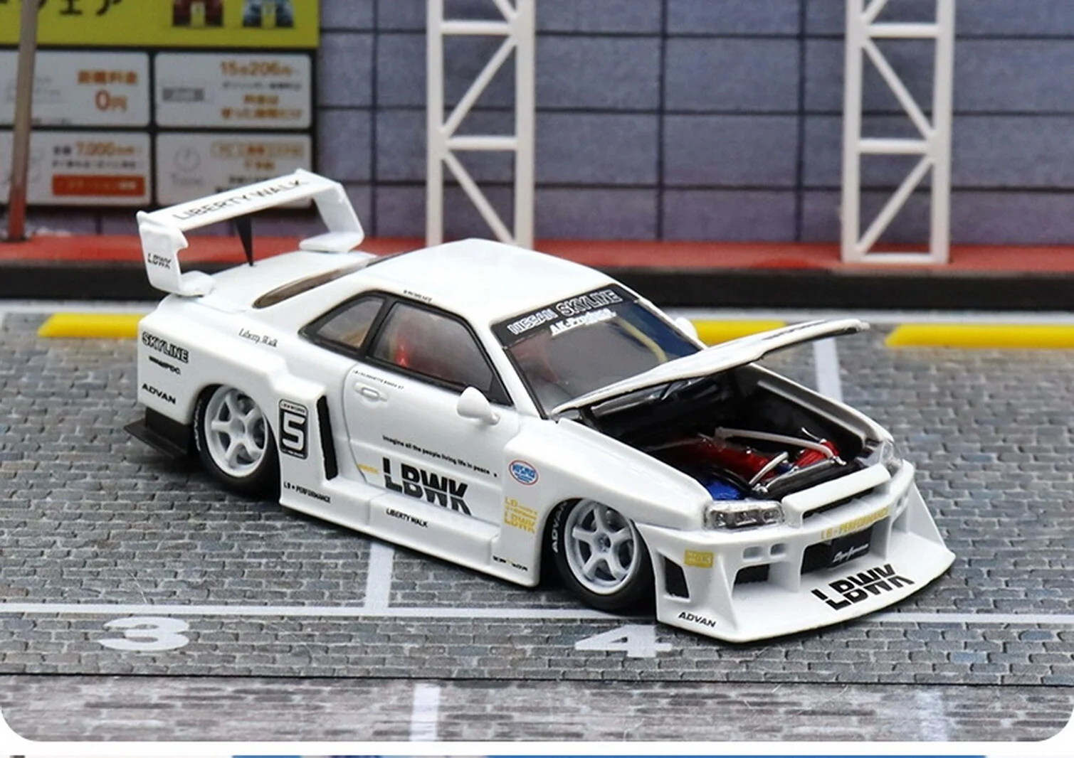 NISSAN GT-R ER34 #5 LBWK White Diecast Car - *LIMITED TO 999pcs* SW 1:64 - Image 3