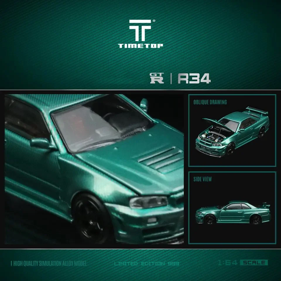 Nissan Skyline GTR R34 Green Carbon Hood Diecast Time TOP 1:64