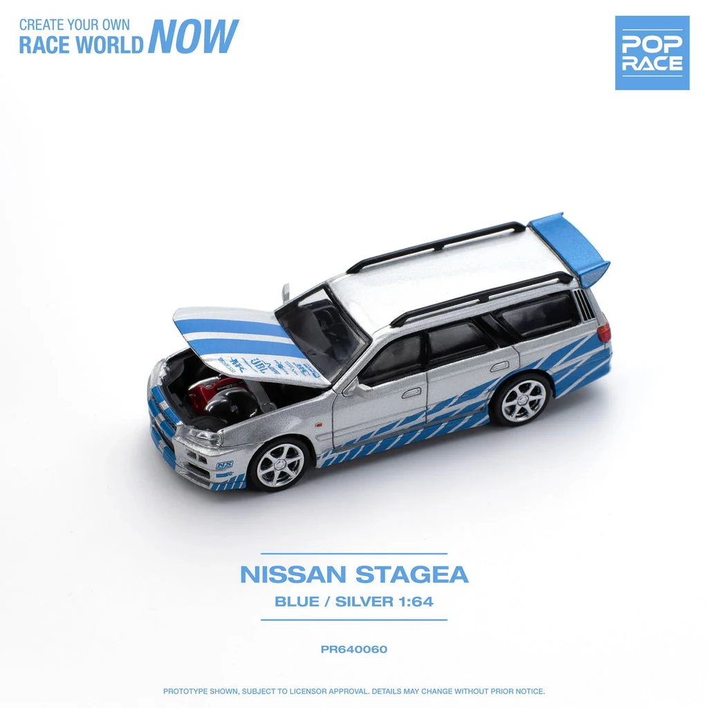 NISSAN STAGEA W/R34 GTR SKYLINE FRONT (BLUE/SILVER) POP RACE 1:64 - Image 2