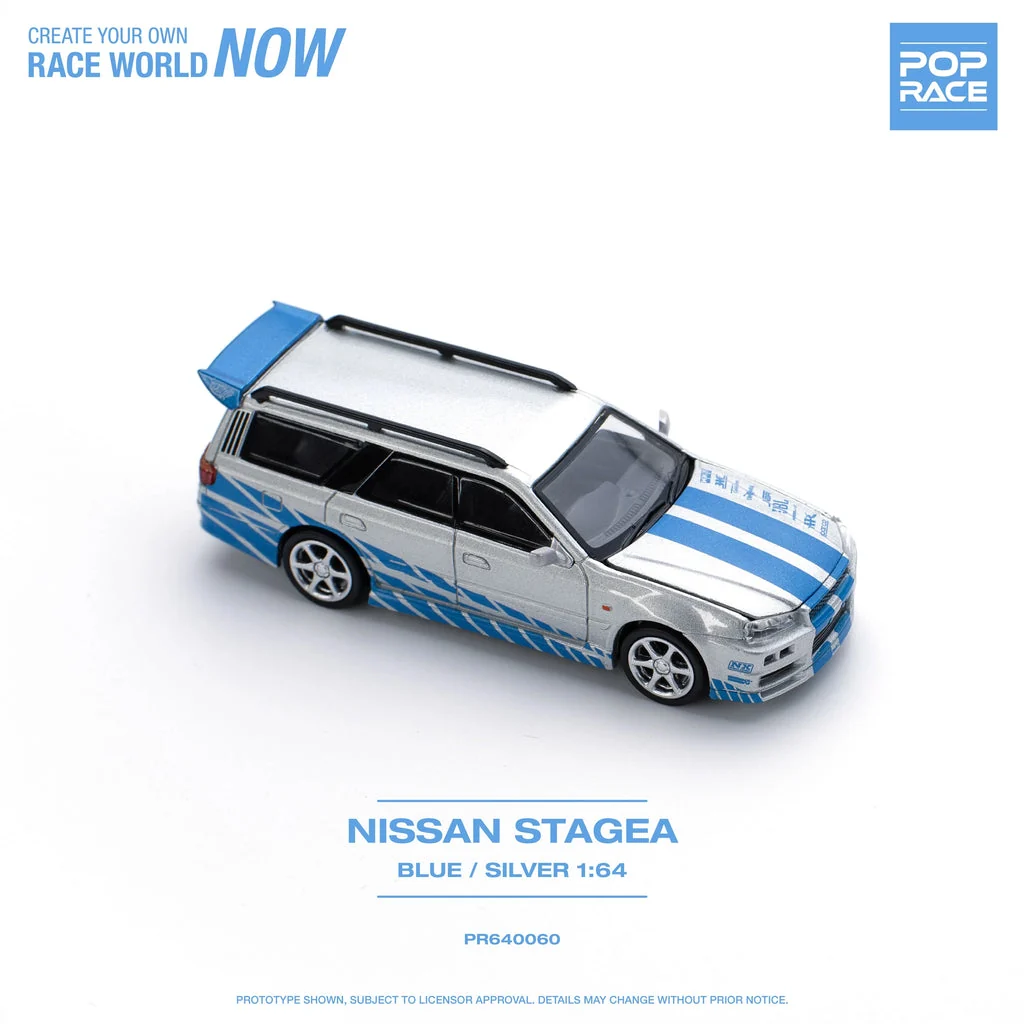 NISSAN STAGEA W/R34 GTR SKYLINE FRONT (BLUE/SILVER) POP RACE 1:64 - Image 4