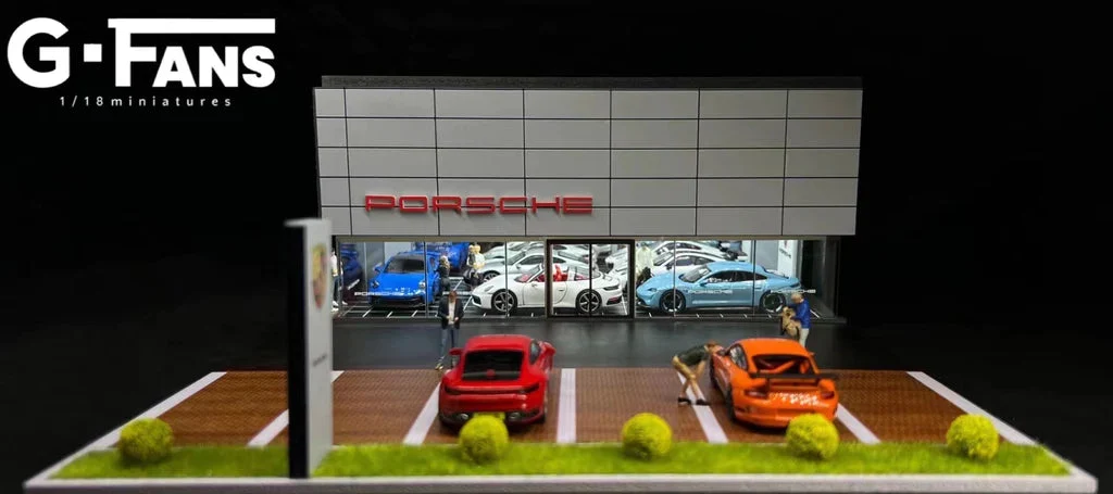 Porsche Dealership/Service Centre Diorama Display with LED Lights GFANS 1:64 Scale - Image 7