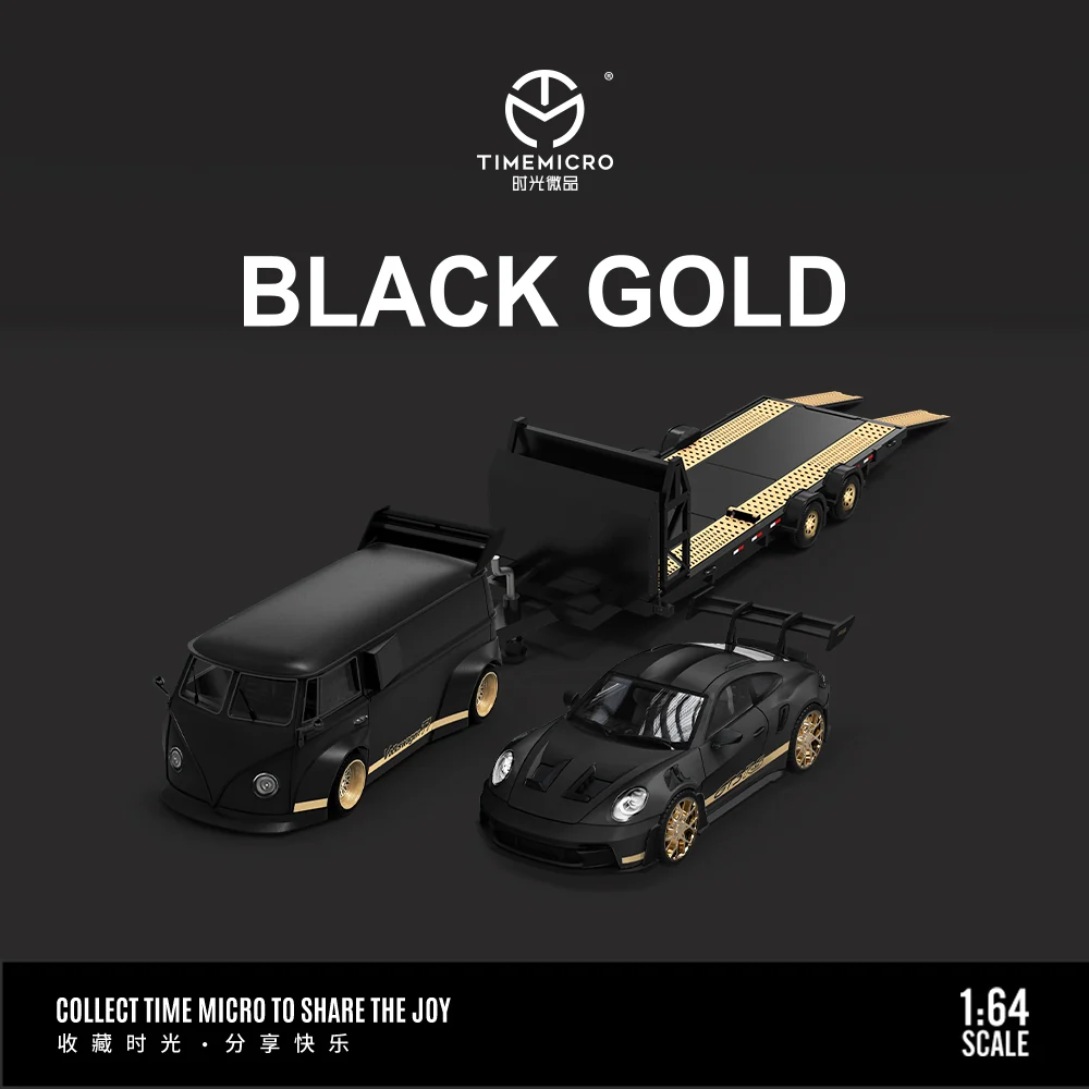 Porsche GT3 & Volkswagen T1 Black Gold Trailer Set - *LIMITED TO 999pcs* TimeMicro 1:64