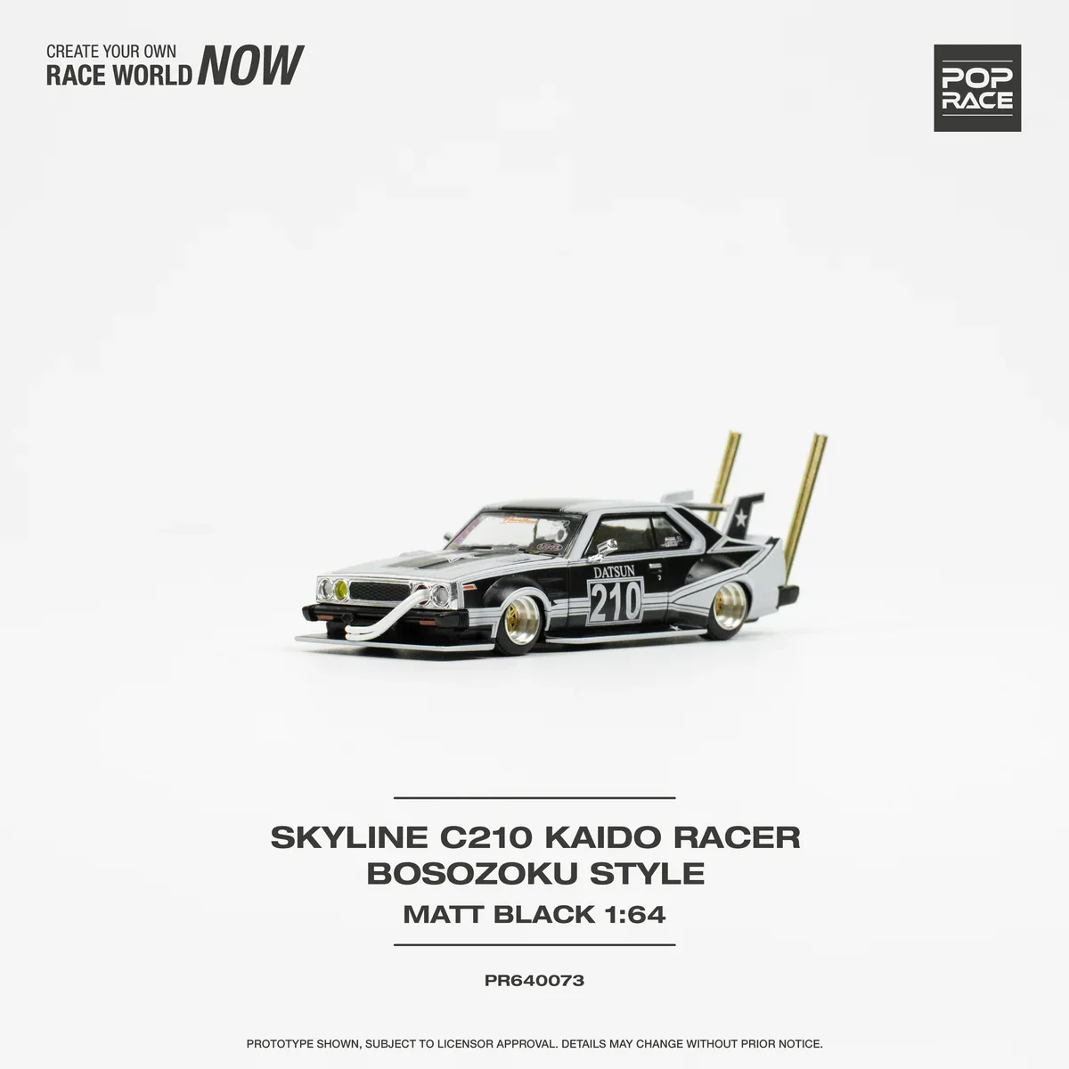 Skyline C210 Kaido Racer Bosozoku Style Matt Black Pop Race 1:64 Scale