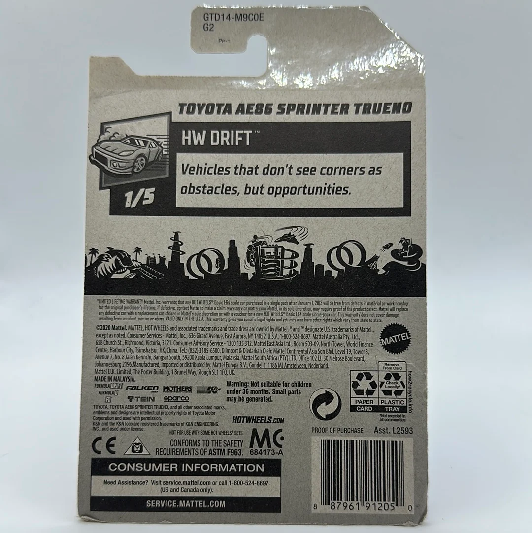 Toyota AE86 Sprinter Trueno ZAMAC 001 - HW Drift 1/5 Hotwheels Mainline 31/250 - Image 2